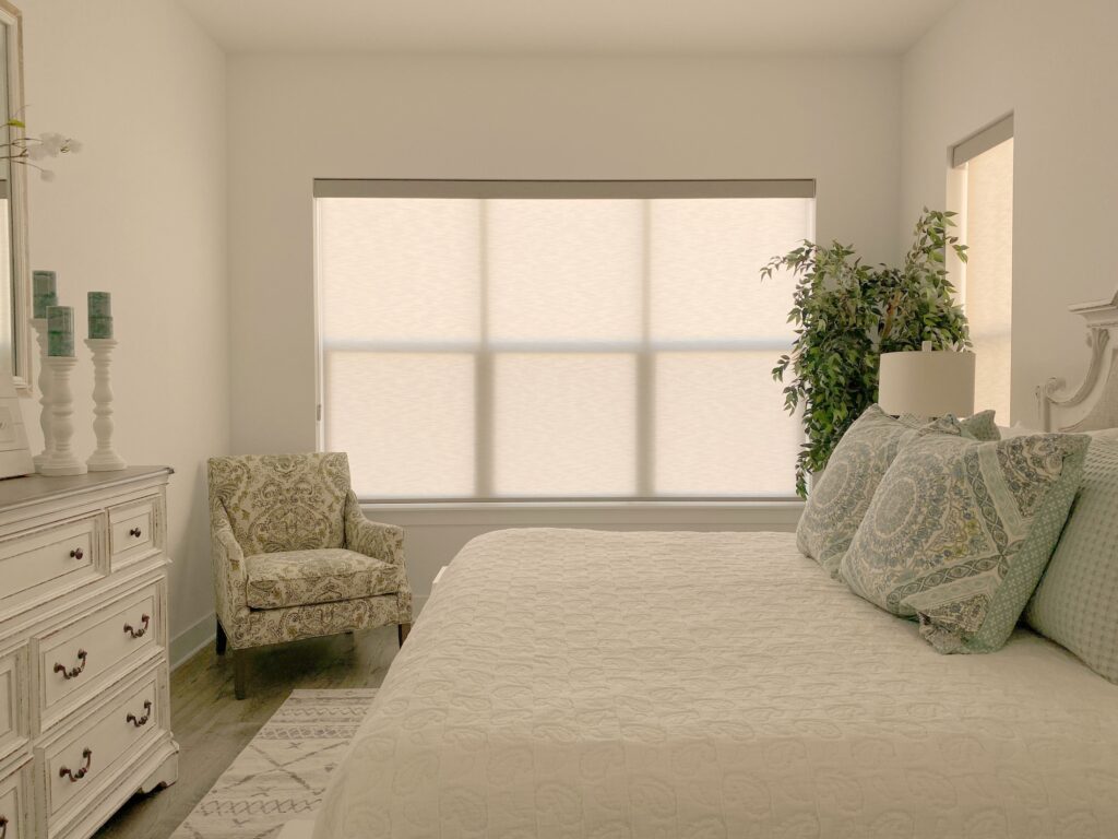 Hunter Douglas Designer Roller Shades for large windows in bedroom