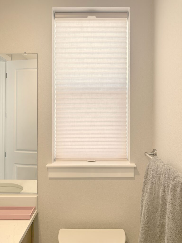 Hunter Douglas Duette Cellular Shades with LiteRise, Top-Down Bottom-Up, and Light Filtering Fabric for Castle Rock Bathroom