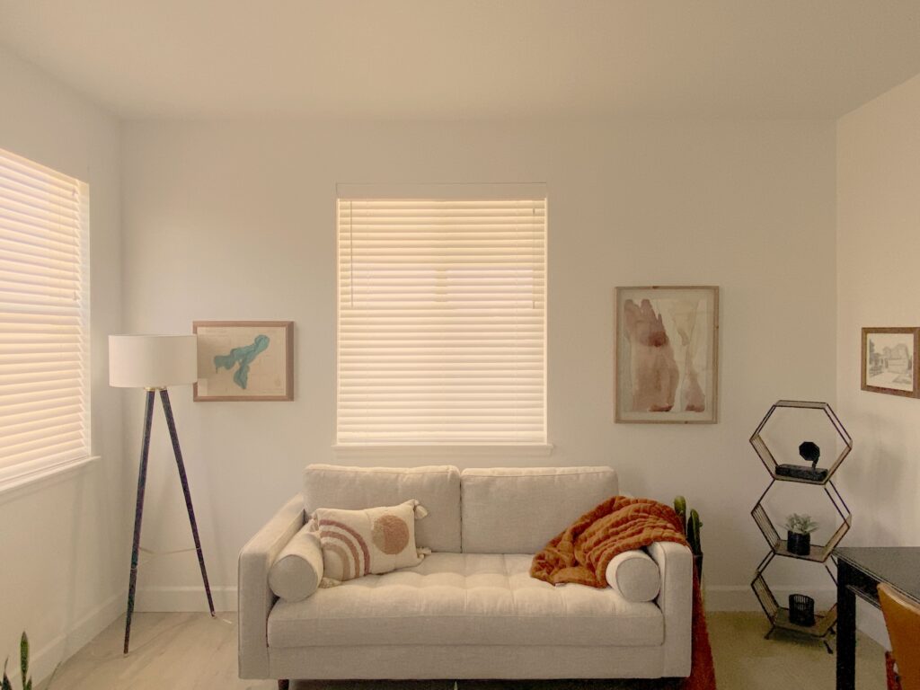 Hunter Douglas Parkland Natural Wood Blinds with Cord Lock for Castle Rock Colorado Living Room