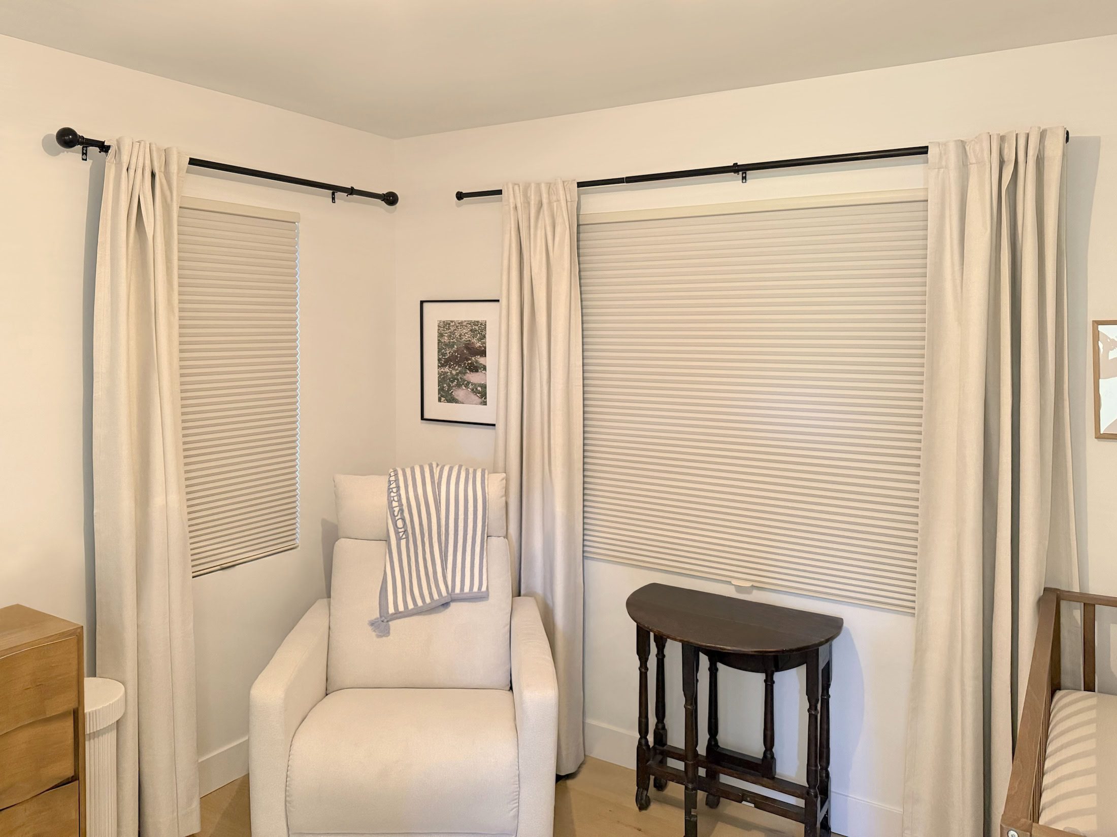 Hunter Douglas Applause Cellular Shades layered with Curtains for Westminster Bedroom