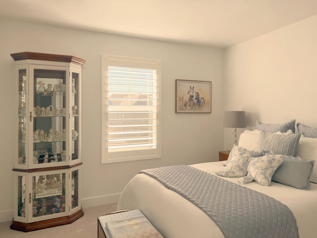 Hunter Douglas Palm Beach Polysatin Shutters with Hidden Tilt and Z Frame for Westminster, Colorado bedroom