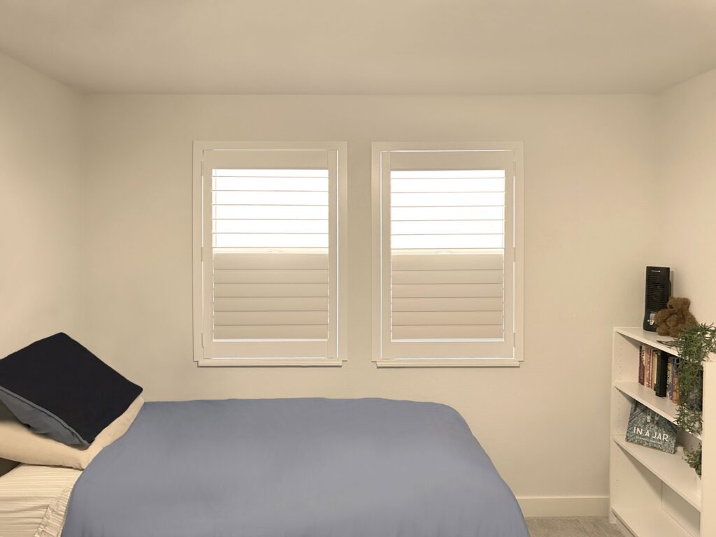 Hunter Douglas NewStyle Hybrid Shutters installed in Greenwood Village Bedroom