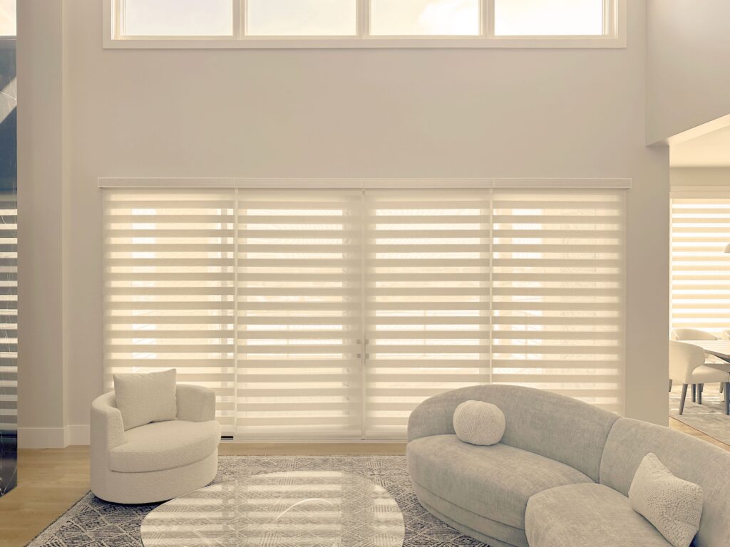 Designer banded shades (aka zebra shades) for windows and sliding glass patio doors in Colorado homes