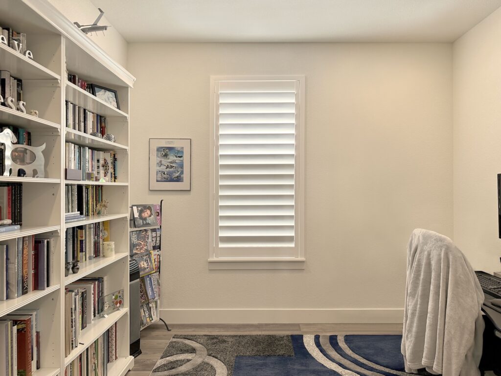 Hunter Douglas Palm Beach Polysatin Shutters for home office in Lone Tree