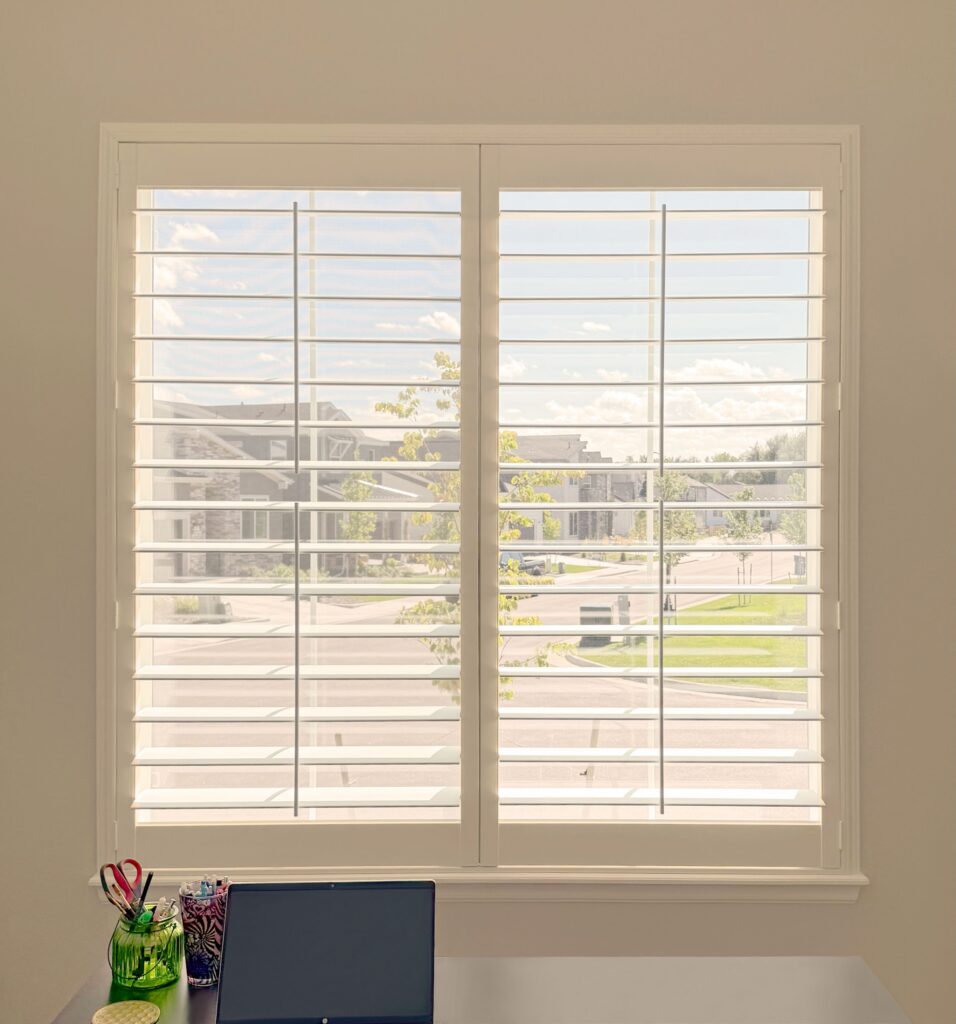Hunter Douglas Palm Beach Polysatin Shutters for home office on Lone Tree Colorado
