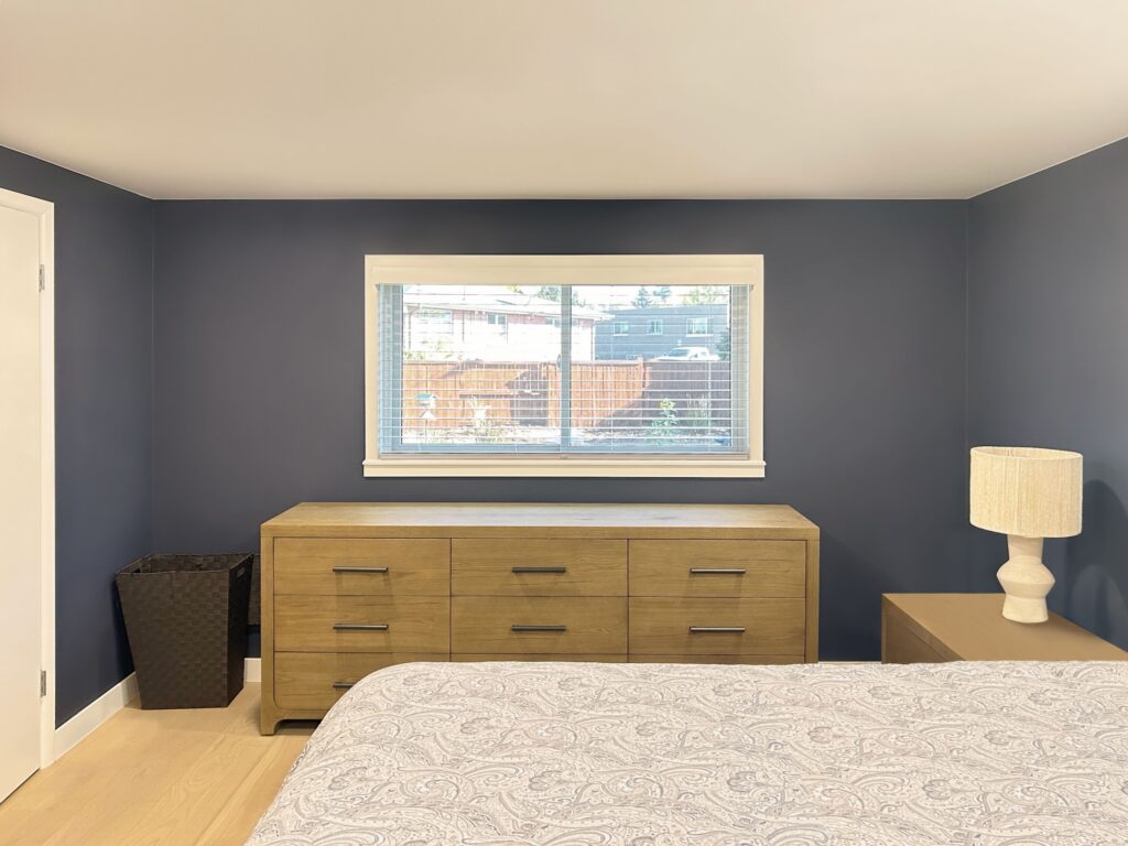 Motorized Hunter Douglas Parkland Natural Wood Blinds installed in Arvada Bedroom