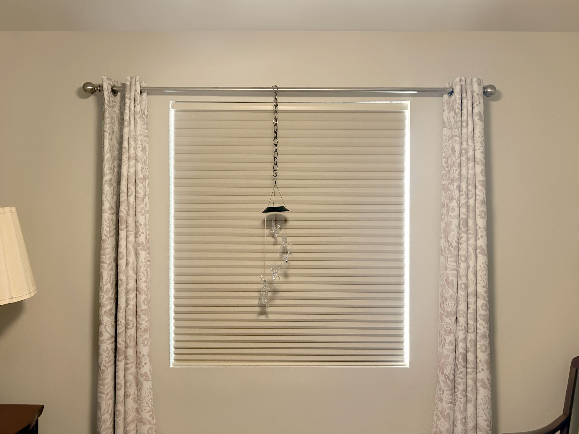 Room Darkening Hunter Douglas Duette Cellular Shades Layered with Curtains for Loveland, CO Home