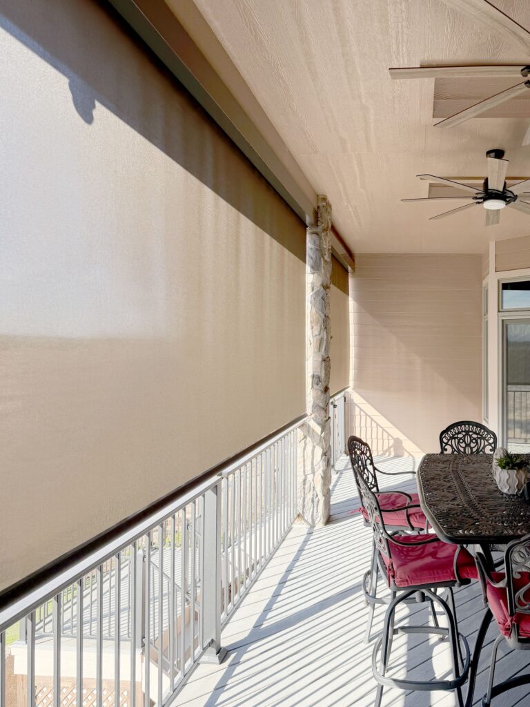 Motorized Insolroll Patio Shades with Light Filtering Fabric Installed in Arvada Home