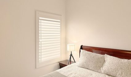 Hunter Douglas Palm Beach Polysatin Shutters with Front Side Tilt and Z Frame design for bedroom in Colorado